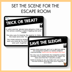 Two digital escape room clue cards in separate tablets titled 'Trick or Treat?' and 'Save the Sleigh!' on a yellow background. On top, the text reads 'Set the Scene for the Escape Room.'