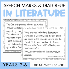 Promotional image for 'Speech Marks & Dialogue in Literature' for years 2-6 by the Sydney Teacher featuring short dialogues from children's books with a focus on direct speech punctuation.