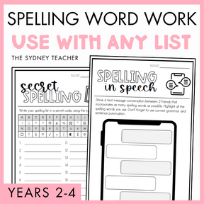 Spelling word work resource by The Sydney Teacher for years 2-4 featuring worksheets on 'Secret Spelling' and 'Spelling in Speech' on a pink background.