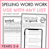 Spelling word work resource for Years 2-4 by the Sydney Teacher featuring two worskheets titled 'Secret Spelling' and 'Spelling in Speech' on a pink background.