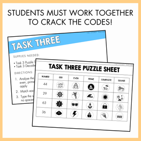 Task Three puzzle sheet with directions and a code-breaking task sheet on a white background. At the top, the text reads 'Students must work together to crack the codes!'