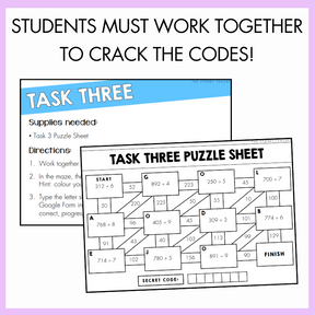 Task Three Puzzle Sheets with directions and supplies needed on one page and another shows a maze with text above that reads 'Students must work together to crack the codes!'