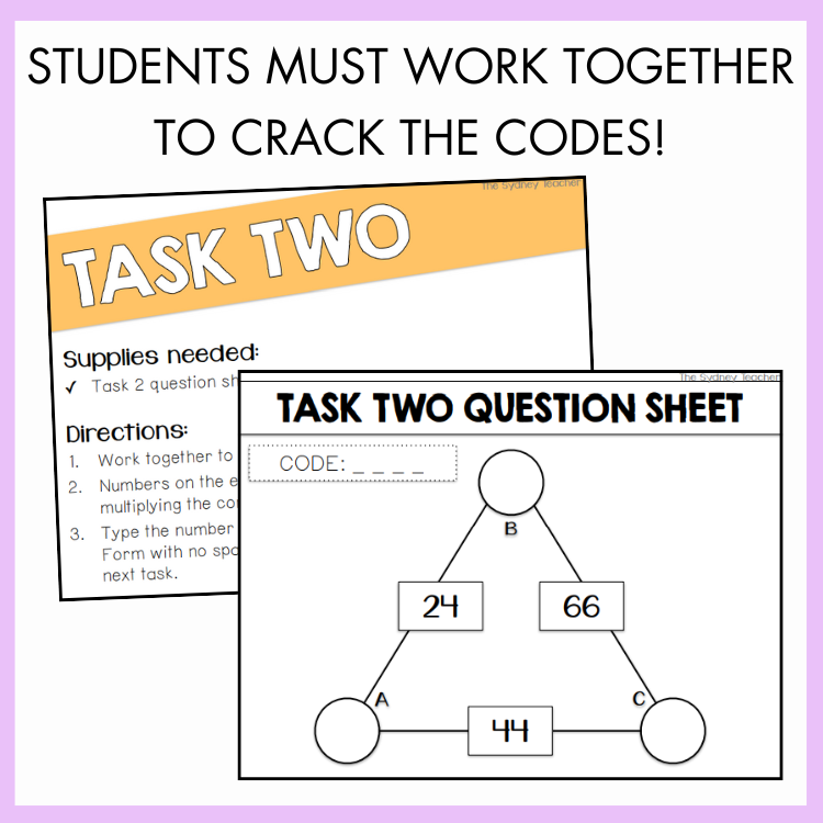 Educational task sheet with code-breaking instructions on a purple background with text above that reads 'students must work together to crack the codes!'