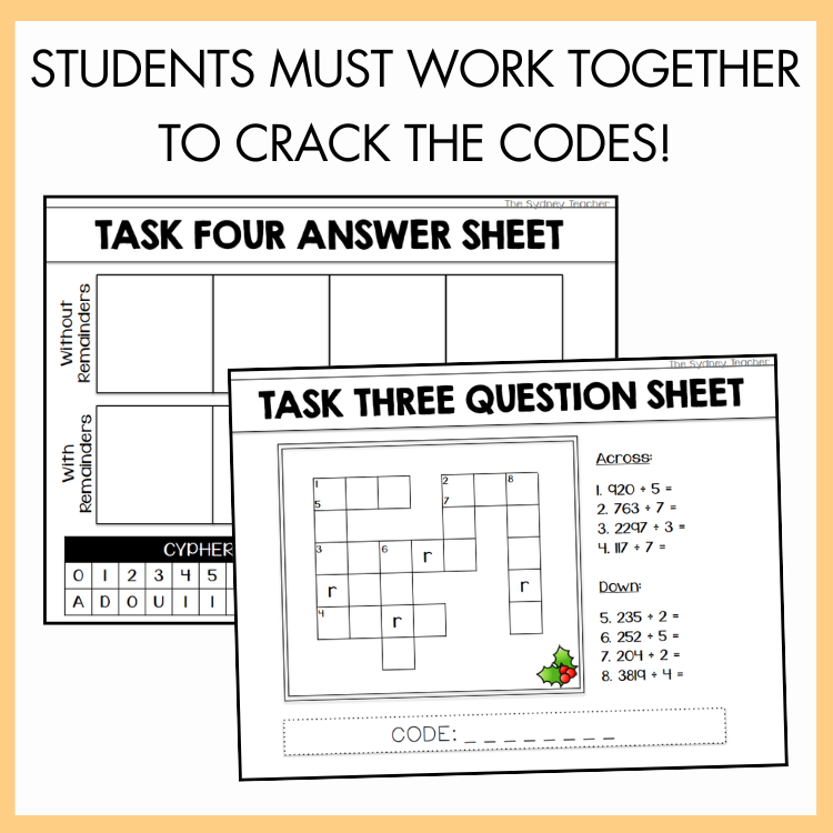 Educational task sheets with Christmas-themed graphics with labels Task Four Answer Sheet and Task Three Question Sheet on a yellow background with text on top that reads 'Students must work together to crack the codes!'