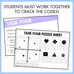 Two overlapping task four puzzle worksheets that shows instructions and a cartesian plane with codes in a white background and blue border. The text at the top reads, 'students must work together to crack the codes!'