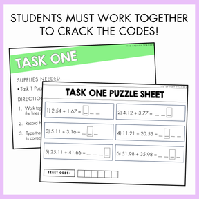 Task one mathematics puzzle sheets with task instructions on a purple background. The text at the top reads, 'Students must work together to crack the codes!'