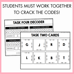 Educational materials with decoder cards and text that reads 'students must work together to crack the codes!' on a pink background.