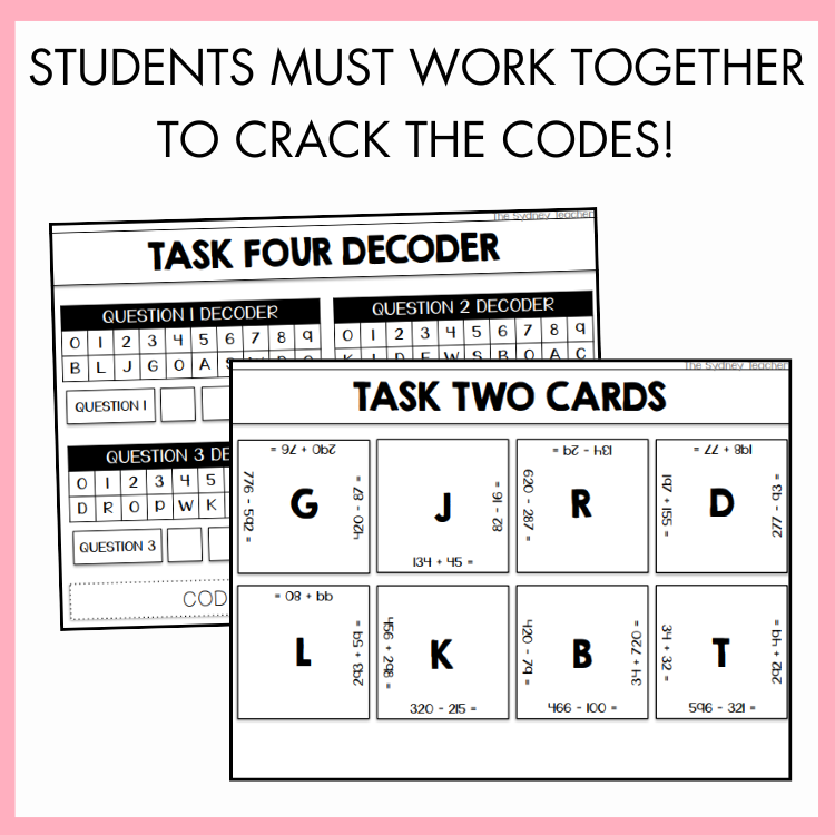 Educational materials with decoder cards and text that reads 'students must work together to crack the codes!' on a pink background.