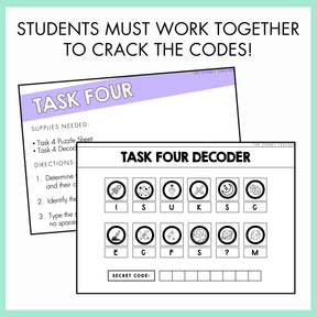 Task Four decoder sheet with secret code and directions on a light green background. At the top, the text reads 'students must work together to crack the codes!'