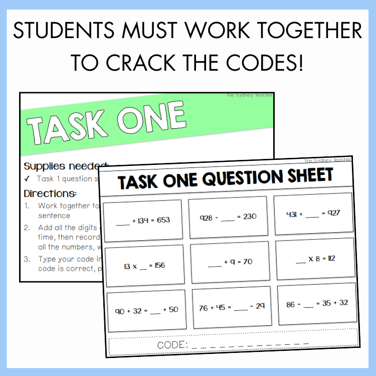 Educational worksheet with 'Task One' question sheet and supplies needed text on a blue background.