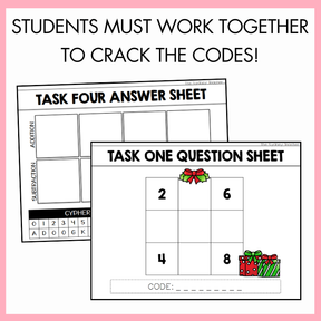 Educational task sheets with Christmas-themed graphics with labels Task Four Answer Sheet and Task One Question Sheet on a pink background with text on top that reads 'Students must work together to crack the codes!'