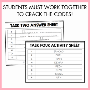 Logic Puzzle / Team Building Escape Room | Year 5 & 6 [Volume 2] showing two task cards 'answer sheet' and 'activity sheet'.