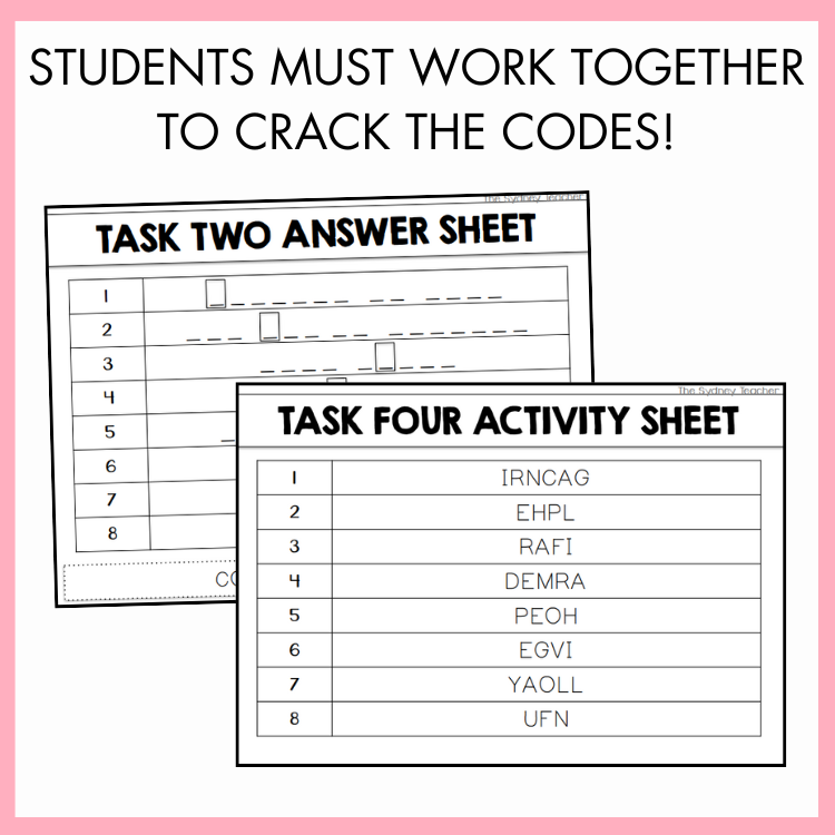 Logic Puzzle / Team Building Escape Room | Year 5 & 6 [Volume 2] showing two task cards 'answer sheet' and 'activity sheet'.