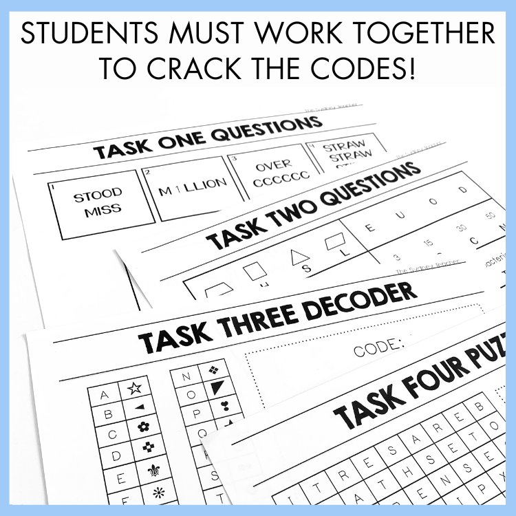 Different worksheets with tasks and codes. Above, the text reads 'Students must work together to crack the codes.'