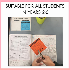 Open notebook with a pen and orange sticker on a desk, text 'Suitable for all students in years 2-6' at the top.