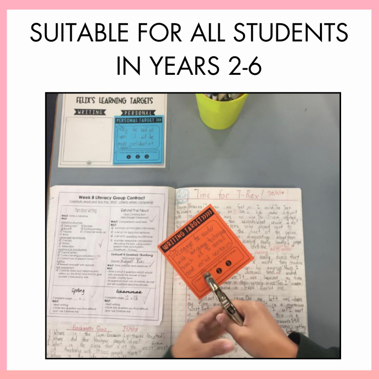 Open notebook with a pen and orange sticker on a desk, text 'Suitable for all students in years 2-6' at the top.