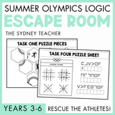 Summer Olympics Logic Escape Room activity for Years 3-6 titled 'Rescue the Athletes' by The Sydney Teacher featuring puzzle pieces and Task Four puzzle sheet on a light green background.