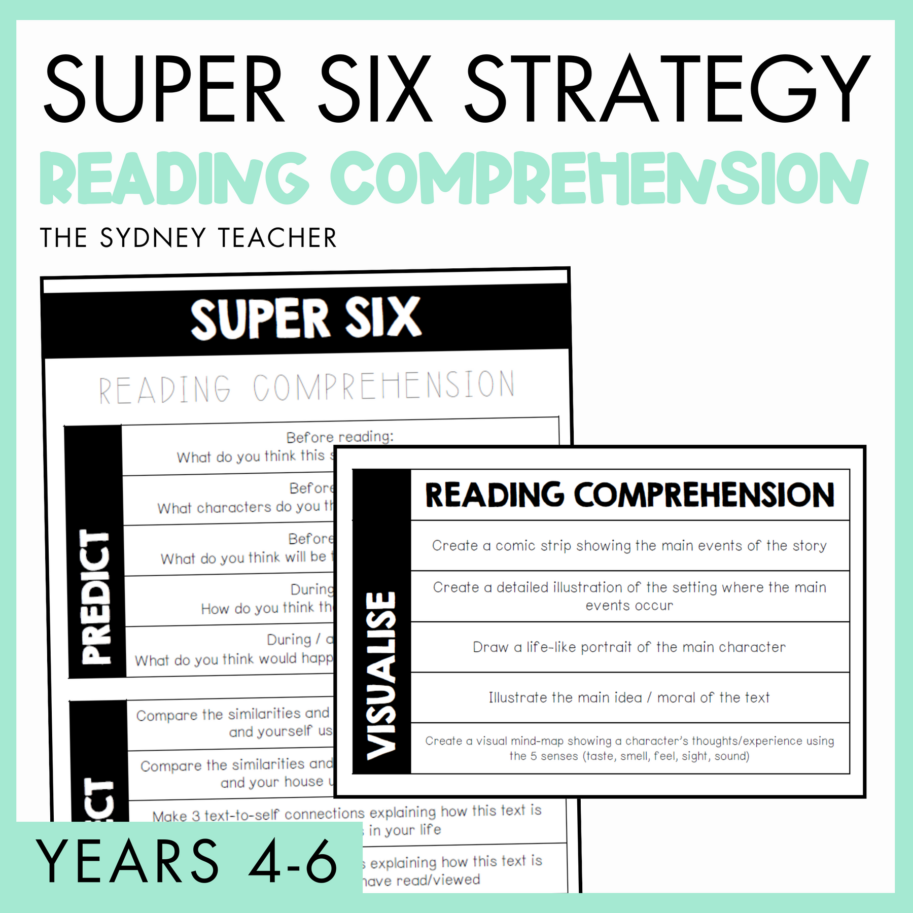 Super Six Strategy reading comprehension worksheet with text 'The Sydney Teacher' on a light green background and a banner with text 'Years 4-6'.