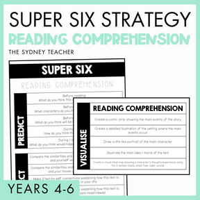 Super Six Strategy reading comprehension worksheet with text 'The Sydney Teacher' on a light green background and a banner with text 'Years 4-6'.