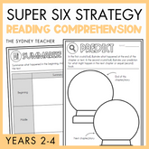 Super Six Strategy reading comprehension for Years 2-4 by the Sydney Teacher featuring 'Summarise' and 'Predict' worksheet with crystal ball illustration on a yellow border.