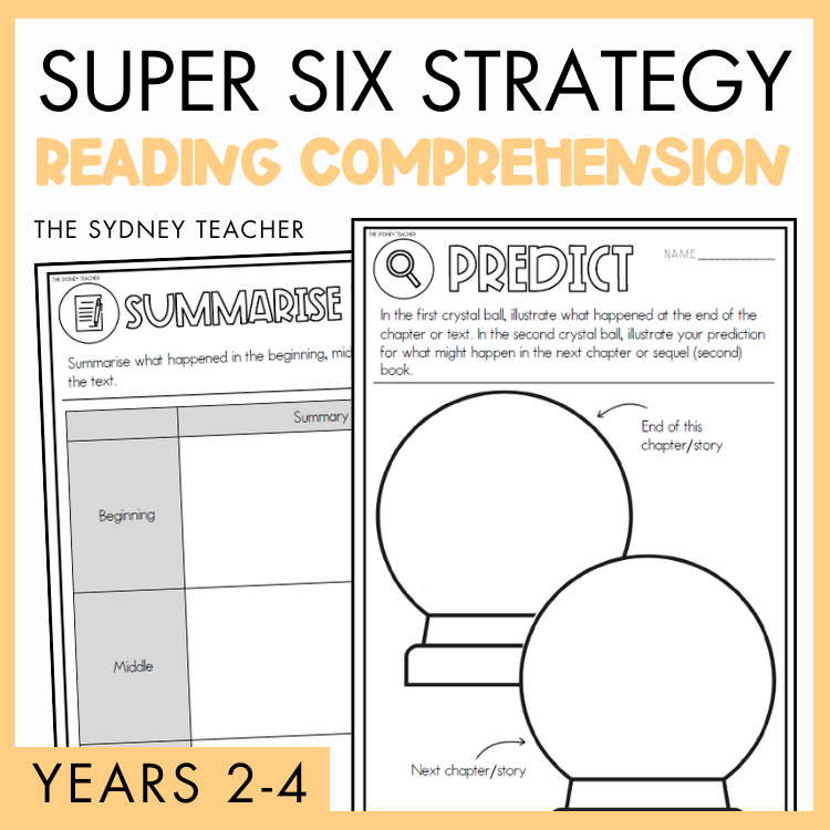 Super Six Strategy reading comprehension for Years 2-4 by the Sydney Teacher featuring 'Summarise' and 'Predict' worksheet with crystal ball illustration on a yellow border.