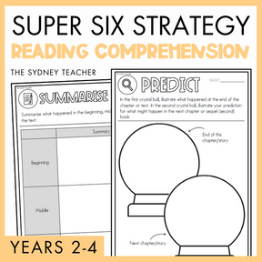 Super Six Strategy reading comprehension worksheet by The Sydney Teacher featuring Summarise and Predict worksheets with crystal ball illustration, suitable for years 2-4 on a yellow background.