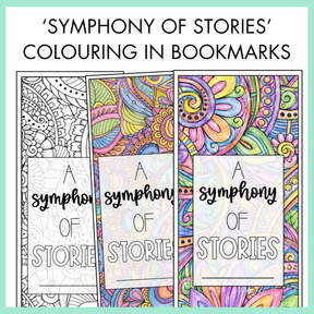 Colorful bookmarks with 'A Symphony of Stories' text and abstract designs with text 'Symphony of Stories Colouring in Bookmarks'.