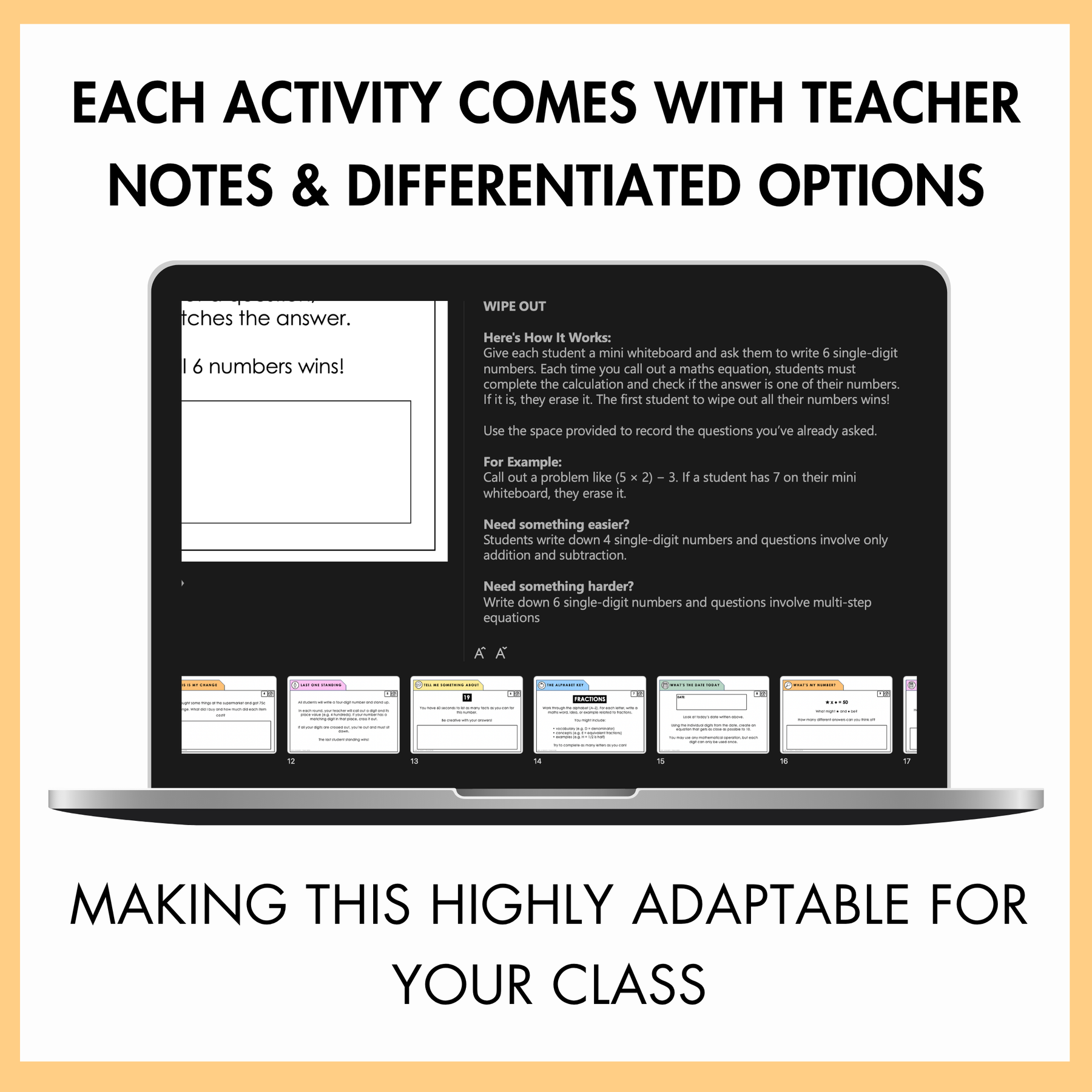 Laptop screen displaying educational content with text about teacher notes and differentiated options. At the top, the text reads, 'Each activity comes with teacher notes & differentiated options' and at the bottom, the text reads 'Making this highly adaptable for your class.'