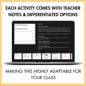 Laptop screen displaying educational content with text about teacher notes and differentiated options. At the top, the text reads, 'Each activity comes with teacher notes & differentiated options' and at the bottom, the text reads 'Making this highly adaptable for your class.'
