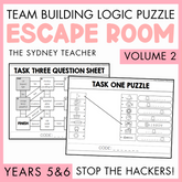 Team Building Logic Puzzle Escape Room Vol 2 by the Sydney Teacher for Years 5 and 6 entitled 'Stop Hackers!' It features two task cards showing a maze and a puzzle.
