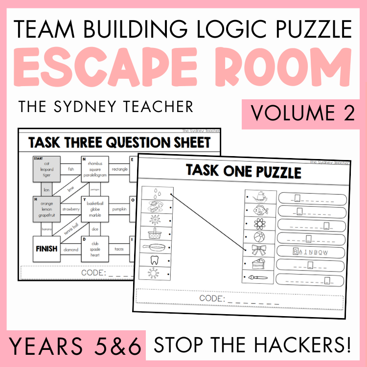Team Building Logic Puzzle Escape Room Vol 2 by the Sydney Teacher for Years 5 and 6 entitled 'Stop Hackers!' It features two task cards showing a maze and a puzzle.
