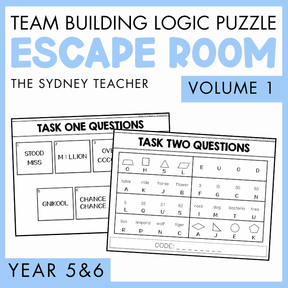 Team building logic puzzle escape room activity for Year 5 & 6 students by The Sydney Teacher, featuring task sheets with questions.