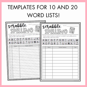 Two Scrabble spelling templates on a pink background with text 'Templates for 10 and 20 word lists'.