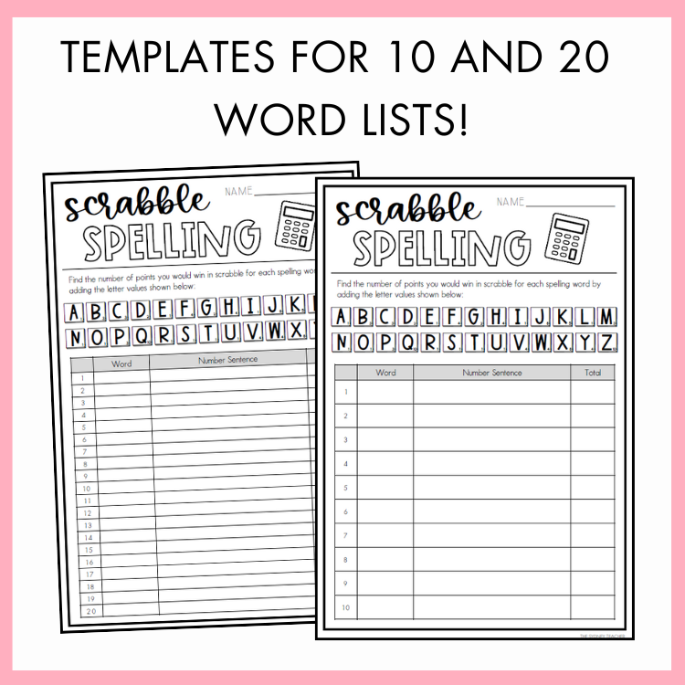 Two Scrabble spelling templates on a pink background with text 'Templates for 10 and 20 word lists'.