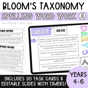 Upper Primary Bloom's Taxonomy Spelling Word Work - Use with ANY list! - The Sydney Teacher