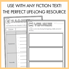 Two educational worksheets titled 'Summarise' and 'Visualise' on a yellow background with text 'USE WITH ANY FICTION TEXT! THE PERFECT LIFE-LONG RESOURCE'.