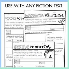 Educational worksheets titled 'Imaginative Illustrator', 'Creative Connector', and 'Word Wizard' with text and boxes for students to fill in. On top, the text reads 'use with any fiction text!'