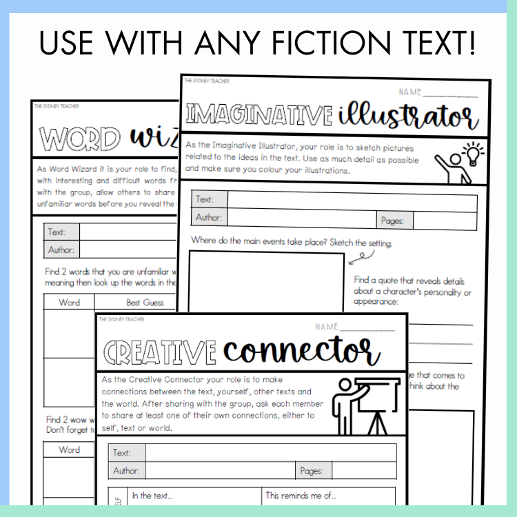 Educational worksheets titled 'Imaginative Illustrator', 'Creative Connector', and 'Word Wizard' with text and boxes for students to fill in. On top, the text reads 'use with any fiction text!'