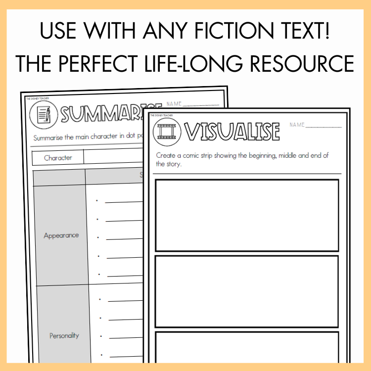 Two educational worksheets titled 'Summarise' and 'Visualise' on a yellow background with text 'USE WITH ANY FICTION TEXT! THE PERFECT LIFE-LONG RESOURCE'.