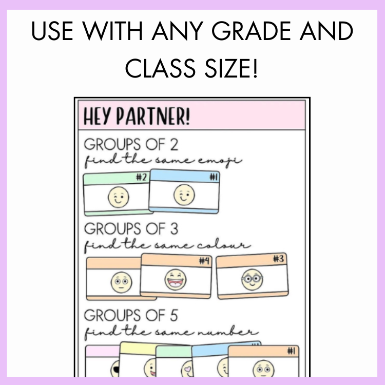 Educational worksheet with emoji-themed cards for partner picking with text 'use with any grade and class size!' on a light purple background.