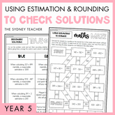 Cover of a educational product titled 'Using Estimation and Rounding to Check Solutions' for Year 5, by The Sydney Teacher featuring sample True or False worksheet on reasonable solutions and a maths maze activity.