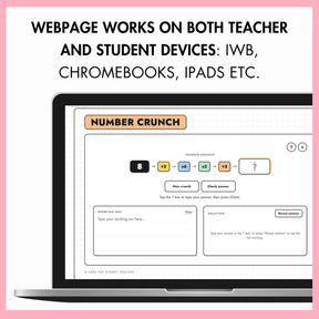 Promotional graphic for an educational digital worksheet titled 'Number Crunch' shown on a laptop screen mockup. The graphic states the webpage works on both teacher and student devices including IWB, Chromebooks, and iPads.
