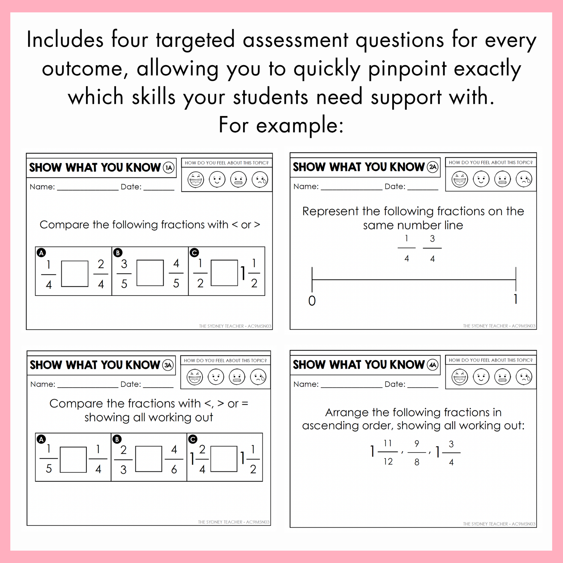 Four educational worksheets with fractions on a white and pink background. On top, the text reads 'Includes four targeted assessment questions for every outcome, allowing you to quickly pinpoint exactly which skills your students need support with.'