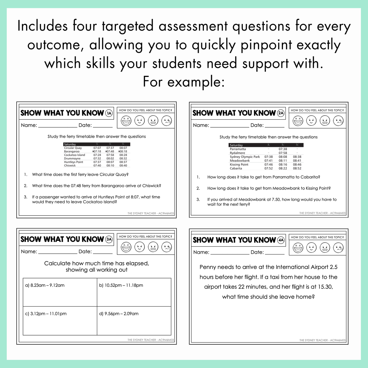 Four educational worksheets with fractions on a white and light green background. On top, the text reads 'Includes four targeted assessment questions for every outcome, allowing you to quickly pinpoint exactly which skills your students need support with.'