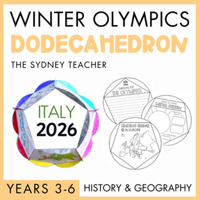 Winter Olympics dodecahedron for years 3-6 by the Sydney Teacher featuring a history and geography project with Italy 2026 text and educational design elements on a yellow background. 