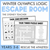 Winter Olympics-themed logic escape room activity by the Sydney Teacher with printed task sheets and decoder on a light blue background. At the bottom is a blue banner with 'Years 3-6' label and beside the text reads, 'Rescue the Athletes!'