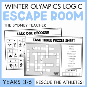 Winter Olympics-themed logic escape room activity by the Sydney Teacher with printed task sheets and decoder on a light blue background. At the bottom is a blue banner with 'Years 3-6' label and beside the text reads, 'Rescue the Athletes!'