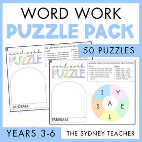 Word work puzzle pack for Years 3-6 by The Sydney Teacher with two sample puzzles and '50 puzzles' text on a light blue background.