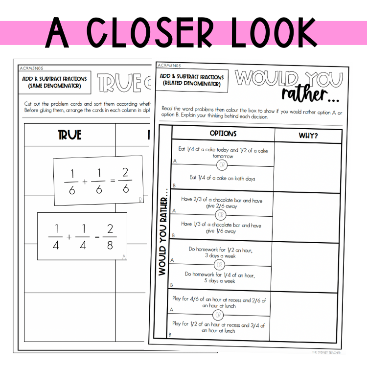 Year 5 Number & Algebra Pack: Add and Subtract Fractions (AC9M5N05) - The Sydney Teacher