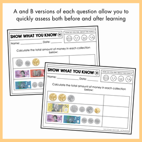 Two Year 3 maths exit slips showing Australian currency coin and banknote counting activities, displayed on a white background with text on top that reads 'A and B versions of each question allow you to quickly access both and after learning' with a light yellow border.